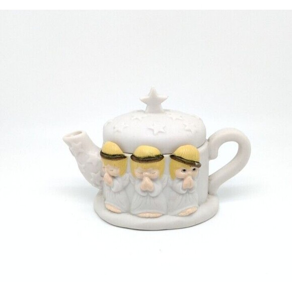 Hallmark Houston Harvest Teapot Praying Angels Stars Lid Ceramic White 3.5" VTG - Picture 1 of 9